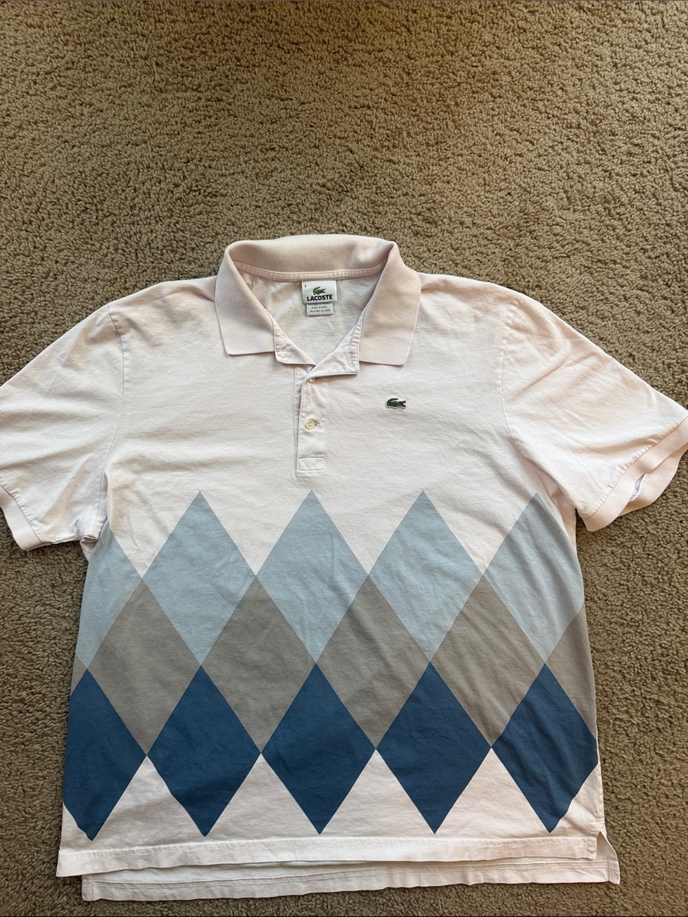 Lacoste Light Pink Polo with Blue and Gray Argyle size 8 or 3XL